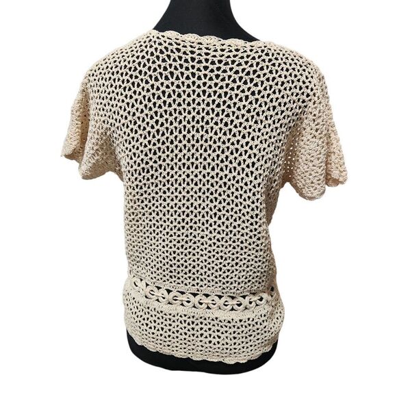 Vintage Crochet Shirt S M Cardigan Ecru V Neck Doily Scallop Loose Weave - Picture 2 of 9